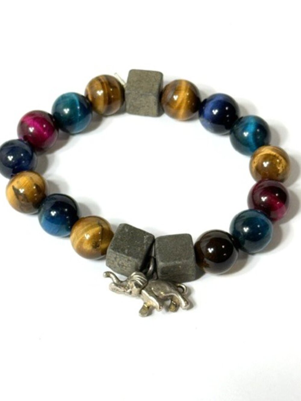 Multi-color 7" stone bracelet with elephant.